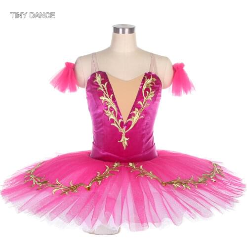 Hot Pink Velvet Bodice Professional Ballet Dance Tutu with Gold Trim Pleated Tutu Ballerina Costume Pancake Tutus 2 Color BLL082