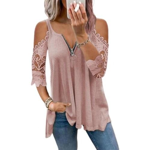 Sexy Women Blouse Elegant Lace Half Sleeve Zipper V Neck Female Shirt Hollow Out Summer Office Lady Blouses Pullover Top