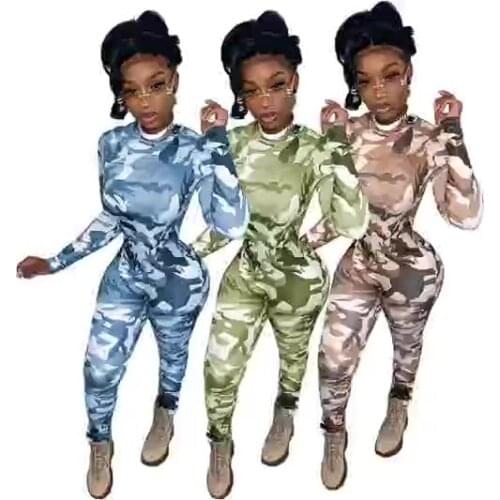 Ready to ship Wholesale fall clothing fashion camouflage jumpsuit 2021 bodycon jumpsuit for women long sleeve one piece jumpsuit