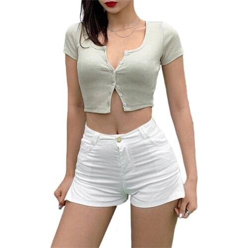 Women Short Sleeve U-neck Crop Top Ladies Summer Fashion Buttons Solid Color T-shirt
