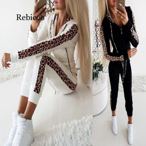 Rebicoo 2 Piece Set Women Leopard Tracksuit Long Sleeve Pocket Plush Hoodie Set Winter Trousers Suit Pants Set Sweatsuits