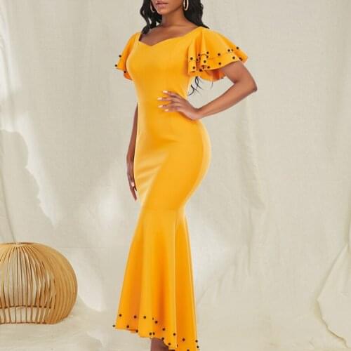 Women Yellow Long Dress Party with Beading Dinner Evening Mermaid Maxi Plus Size Female Birthday Celebrate Clothing for Summer