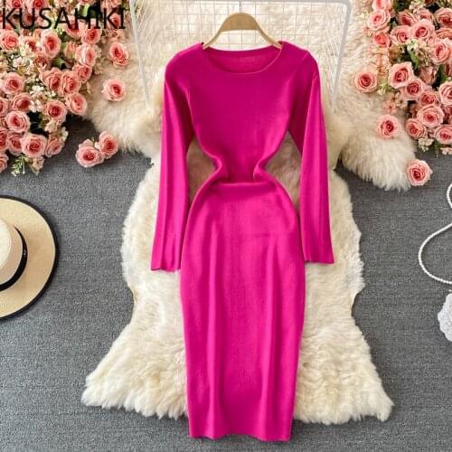 KUSAHIKI Sweater Dress 2021 Autumn New Long Sleeve O-neck Knitted Dresses Korean Elegant Slim Stretch Bodycorn Vestidos 6K936