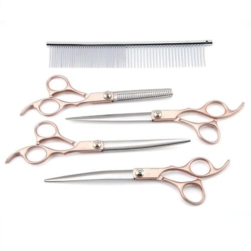 4PCS 7inch Gold Handle Scissors Professional Dog Grooming Hairdressing Shear Scissors Set Curved Scissors Kit Pet Groomer Tools