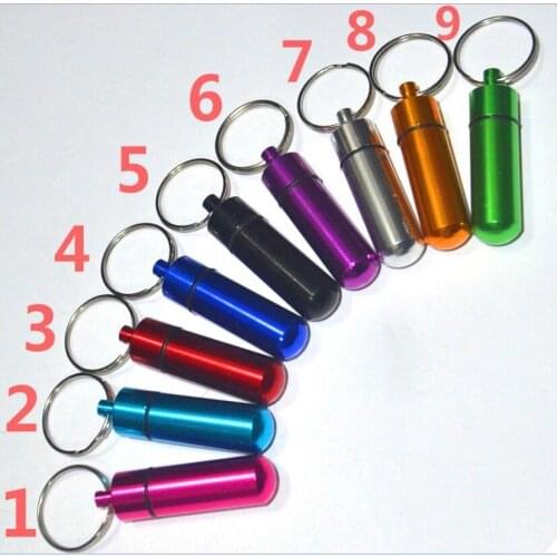 500pcs/lot aluminum alloy Waterproof Pill Box Case keyring Key Chain Medicine Storage Organizer Bottle Holder Container 14x48mm