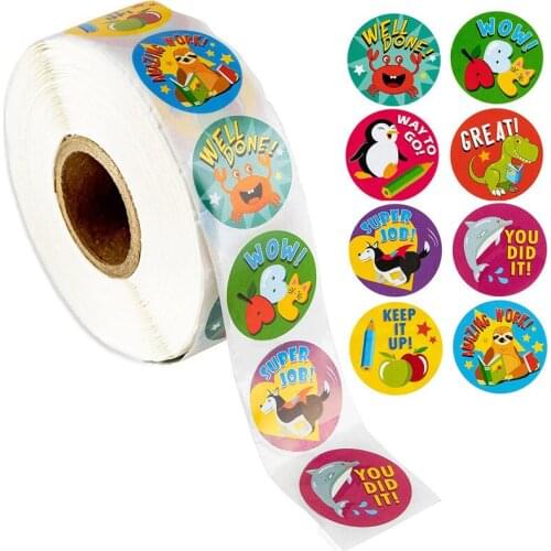 500pcs/roll Cartoon Reward Stickers Motivational Stickers Roll for Kids for School Cute Animals Motivational Stickers Labels Toy