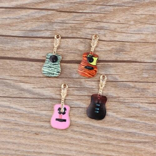 Free Shipping 10pcs/Lot 11*25MM Enamel Music Guitar Necklace Pendants DIY Jewelry Findigns Gold Tone Drop Oil Earring Charms