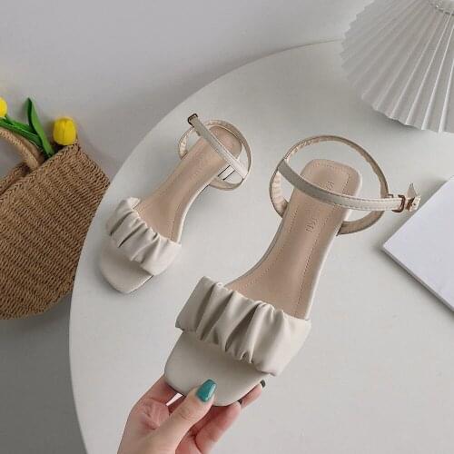 Comemore Fashion Square Heel Womens Sandals 2021 Summer New Pleated Ankle Buckle Casual High Heels Sandals Simple Rome Shoes 39