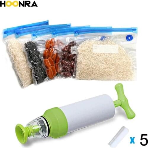 HOONRA 5Pcs Food Fresh Bag Vacuum Sealer Pump Food Storage Bag Reusable Sealing Machine Vacuum Pump Kitchen Organizer