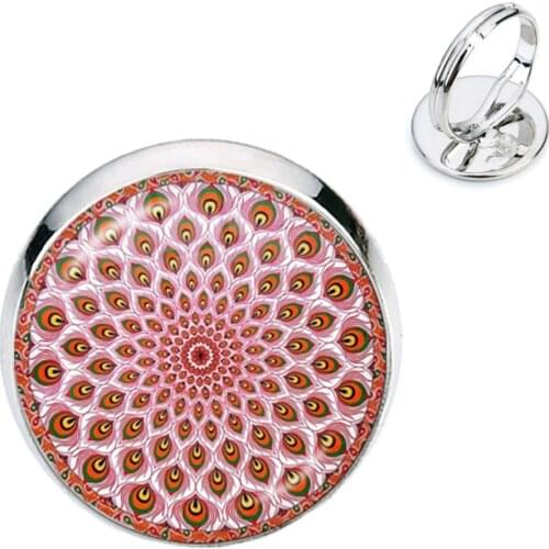 Charm Mandala Art Picture Rings Henna Yoga Om Symbol Zen Buddhism Glass Cabochon Dome Adjustable Rings For Women Girls Gift