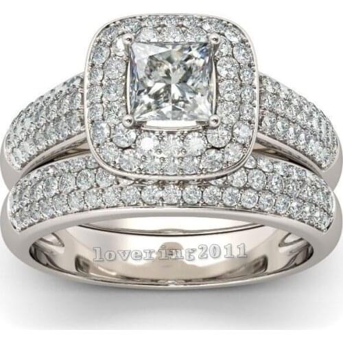 Vintage 14K White Gold Lab Diamond Ring sets Micro pave 134pcs cz Engagement Wedding band Rings for Women Bridal Charm Jewelry