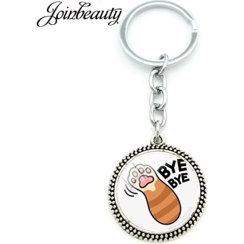 JOINBEAUTY BYEBYE Cat Paw Print Lovely Picture Round Pendant Keyring Metal Chain Glass Dome Cute Charm Girl Keychain Party NT329