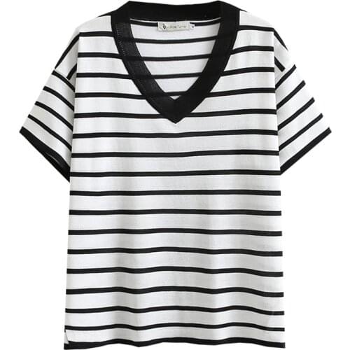 Summer T-Shirt Women Clothes Tees 2021 Casual Plus Size Tops Short Sleeve V Neck Stripe Ice Silk Camiseta Mujer