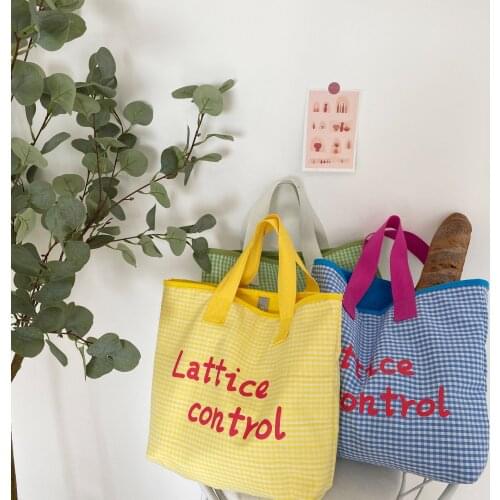 Summer Plaid Canvas Bag Girl Pink Green Blue Casual Shoulder Bag Large Shopping Tote Bag Cotton Cloth Handbag Lunch Box Bag