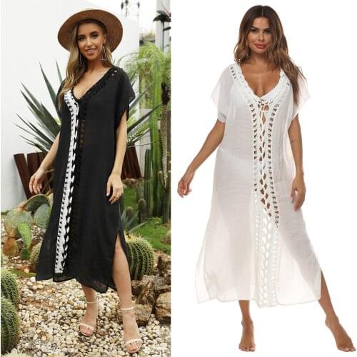 2021 Summer and Autumn New Style Hand Crochet Stitching Hollow Sexy See-Through Beach Blouse Open Fork Deep V Ladies Dress