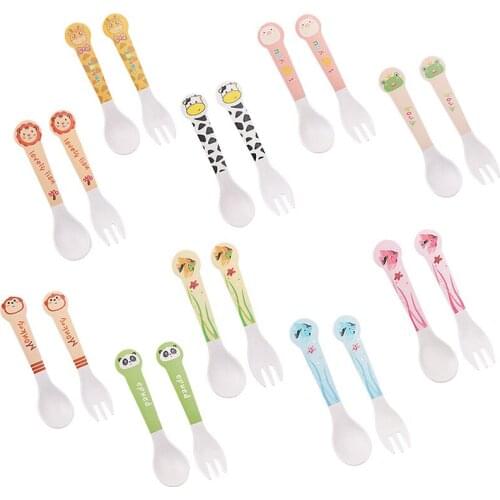 2pcs/Set Baby Feeding Spoon + Fork Creative Bamboo Fiber Childrens Fork Set Baby Food Supplement Spoon Fork 10 Colors