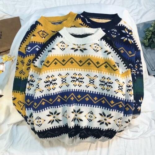 2020 Sweater Mens Street Clothing Retro Pattern Hip Hop Autumn and Winter New Pullover Oversized Couple Casual Sweater Men