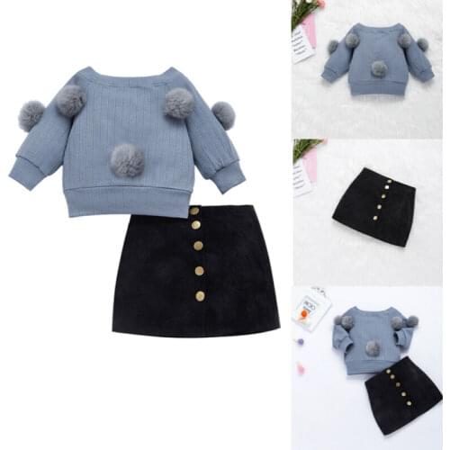 Autumn Toddler Baby Kids Girls Clothes Sets Long Sleeve Hairball Knit Tops Sweater+Button Mini Skirt Warm Outfits Sets