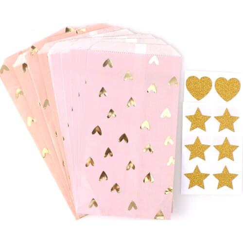 12Pcs Wedding Favor Bag Bridal Shower Wedding Birthday Anniversary Favor Candy Cookie Gift Paper Bag Pink And Gold Foil Heart