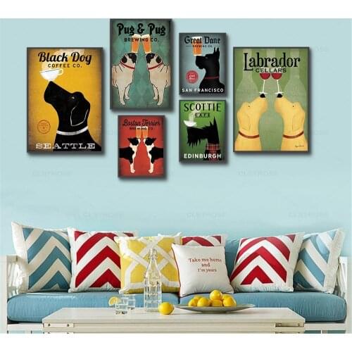 Retro Black Dog Nordic Poster Shepherd Doberman Drink Dog Canvas Painting Animals Wall Art Pictures for Living Room Home Decor