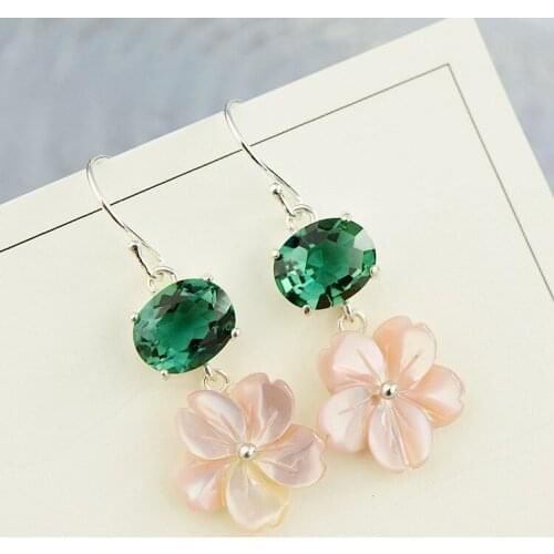New product S925 Silver Mosaic Cherry Blossom shell earring green crystal eardrop elegant female beautiful long eardrop