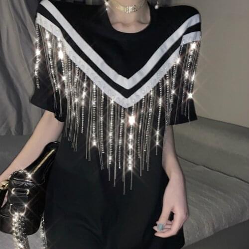 Chic Heavy Drill Chain Tassels T-shirt Women Loose Mid-length Sequins Tees Dress Short-sleeved Shirts Dress Crop Tops Vestido