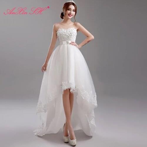 AXJFU Luxury princess white flower wedding dress beading pearls bow high/low wedding dress vintage white lace wedding dress