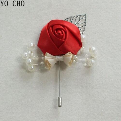 High Grade Silk Red Rose Wedding Brooches Men Boutonniere Silver Leaves Decor with Pearl Dress Accessory Red Rose Bridal Brooch