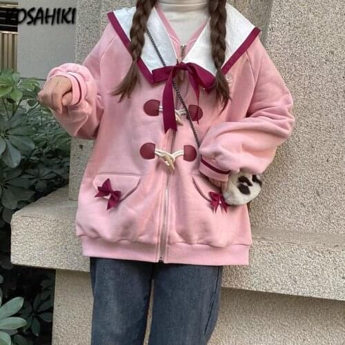 KOSAHIKI Japanese Kawaii Zipper Sweatshirt Women Pink Jackets 2021 Cute Horn Button Cartoon Dog Embroidery Casual Sweet Coats