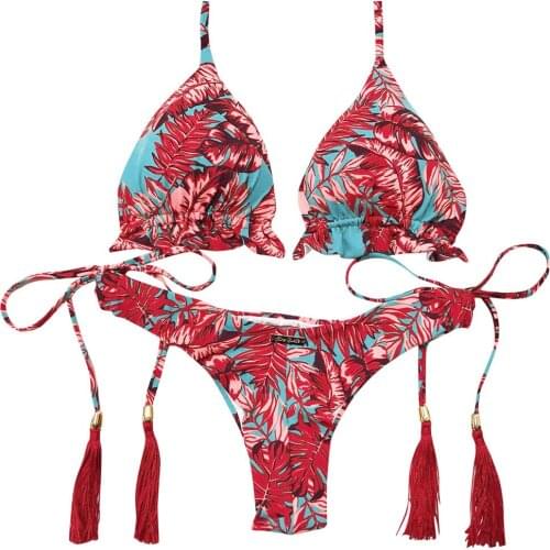 Women Boho Bikini Set Sexy Summer Floral Print Swimsuit Tassel Leaves Bikini Two-pieace Swimsuit Bikini Beachwear купальник