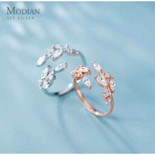 Modian Rose Gold Color Shining AAA Zircon Leaves Ring for Women 925 Sterling Silver Wedding Engagement Ring Jewelry Free Size