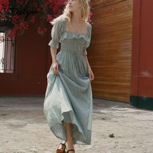 TEELYNN boho dress for women vintage green cotton long dresses puff sleeve Dot jacquard fabric Hippie women dresses chic Vestido