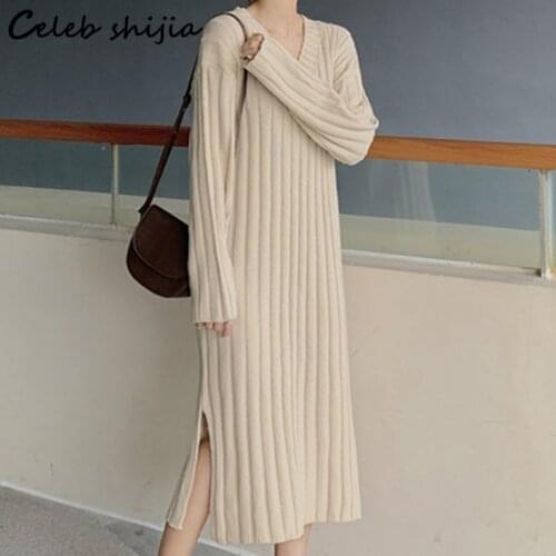 SHIJIA New Long Knitted Dress Woman V-neck Autumn Thicken Sweater Dress Vestido Korean Fashion Full Sleeve Loose Winter Clothing