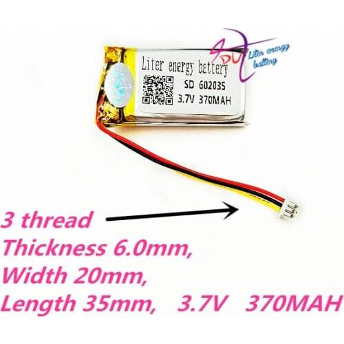 3 thread 602035 3.7V 370MAH 602033 smart home MP3 speakers Li-ion battery for dvr,GPS,mp3,mp4,cell phone,speaker