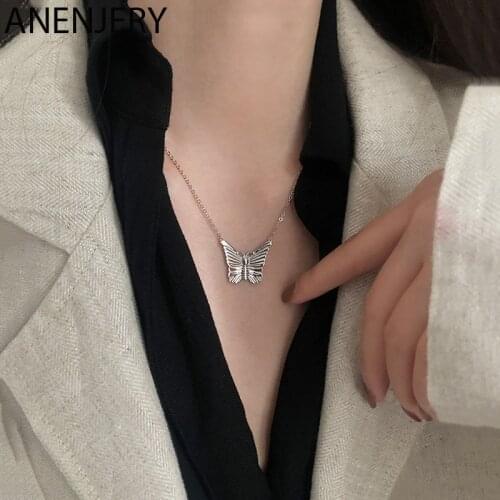 ANENJERY 925 Sterling Silver Fashion Retro Butterfly Charm Pendant Necklace Clavicle Chain Necklace For Women Jewelry S-N617