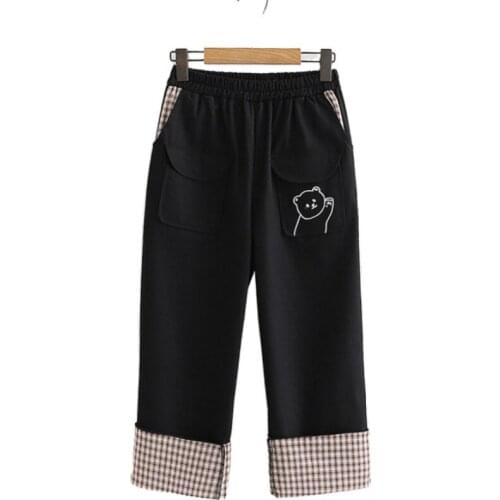 Cotton Women Straight Pants Cartton Bear Embroidery Pants With Pocket Summer Elastic Waist Ankle Length Pants Sweet Girl Trouser