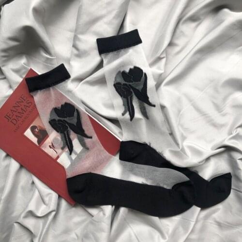 Black Tulip Sheer Short Floral Socks Women Summer Ultra-thin Crystal Silk Cozy Elastic Mesh Lace Transparent White Cool Socks