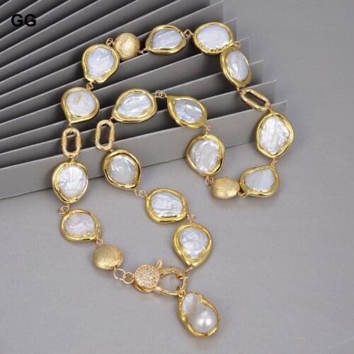 GuaiGuai Jewelry Freshwater Cultured Natural White Coin Pearl Electroplated Wrap Necklace Gold Color Keshi Pearl Pendant 24"