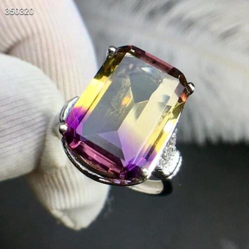 Genuine Natural Ametrine Quartz Ring Purple Yellow Rectangle Gemstone Women Adjutable Ring 10*14mm Rare Gift AAAAAA