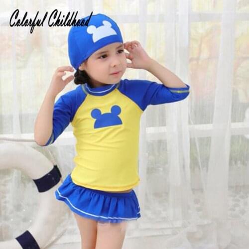 Baby Girl Swimwear 3PCS/set long sleeve T-shirt+Skirt+hat Swimsuit Cartoon Pattern Children Kids swimsuit 2 3 4 5 6 Yrs