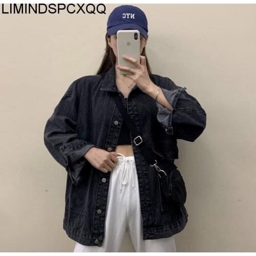 Kurtki Jeansowe Damskie Female Fashion Denim Jackets BF Loose Harajuku Vintage Womens Long Sleeve Clothing Lapel Summer Black
