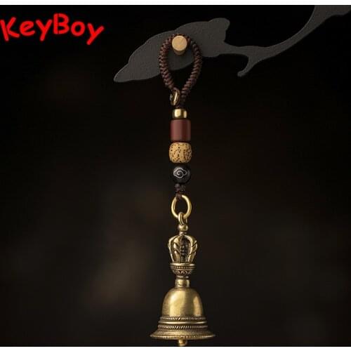 Brass Tibetan Buddhist Vajra Bell Key Chain Pendants Jewelry Handmade Lanyard Pestle Handbell Car Keychains Hangings Woven Rope