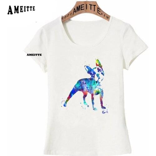 AMEITTE Watercolor Boston Terrier Dog Art Print T-Shirt Summer Women Animals T shirt Fashion All-match White Tee Shirts Tops
