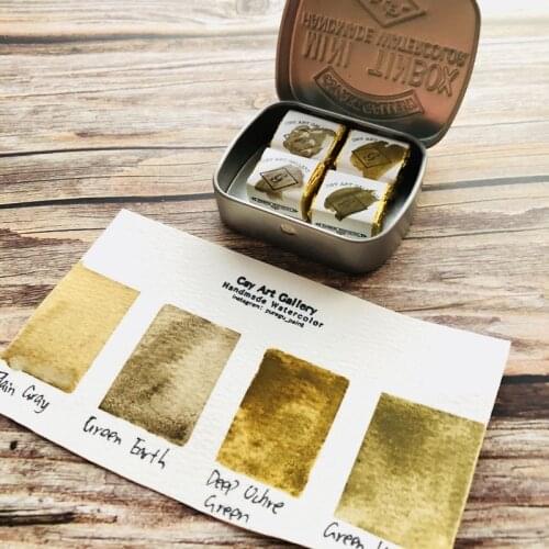 Handmade Mineral Watercolor Paint Half Pans Precious Sketching Set - 4 Color Set - Green Earth ,Green Umber Old Watercoulours