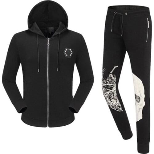 Skull PP Autumn/Winter Men Cotton 2-Piece Hooded Sweatshirt And Pants Sportswear Set Zip Plein Hoodie Clothes Trajes de hombre