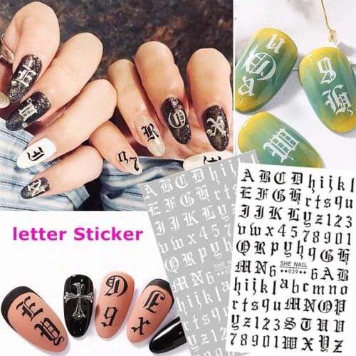 Newest SHE-029 Black and white gold alphabet nail letter stickers stickers 3d nail art sticker nail decal stamping export japan