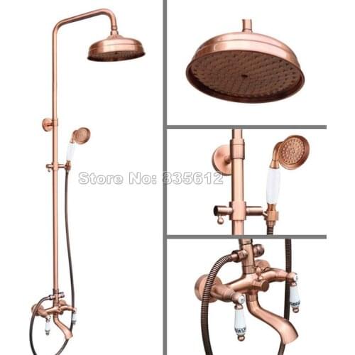 Bathroom Wall Mounted Dual Ceramic Handles Bathtub Mixer Tap Antique Red Copper Rain Shower Faucet Set with Hand Spray Wrg544