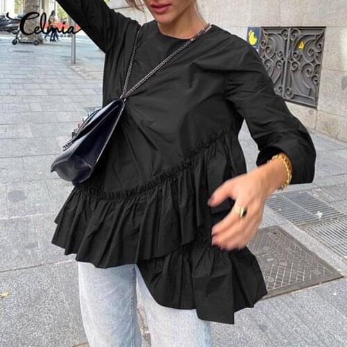 Celmia Womens Casual Loose Blouses Elegant Asymmetrical Ruffles Hem Blouse 2021 Round Neck Long Sleeve Tops Tunic Plus Size 5XL