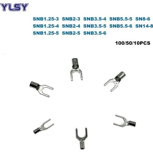 Spade Bare Crimp Terminals Electrical Cord End Wire Connector SNB1.25~SNB14 Cable Ferrules 22-6AWG 0.5-16mm2 100/50/10Pcs