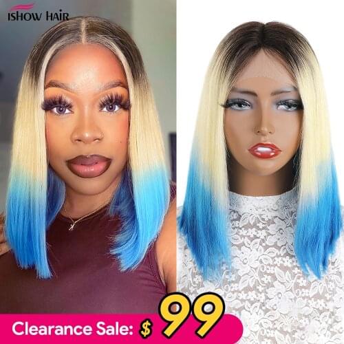 Ishow 613 Lace Frontal Bob Wigs Blonde Bob Human Hair Wigs Red Blue Purple 3 Tone Ombre Wig Colored Hair Wigs Preplucked